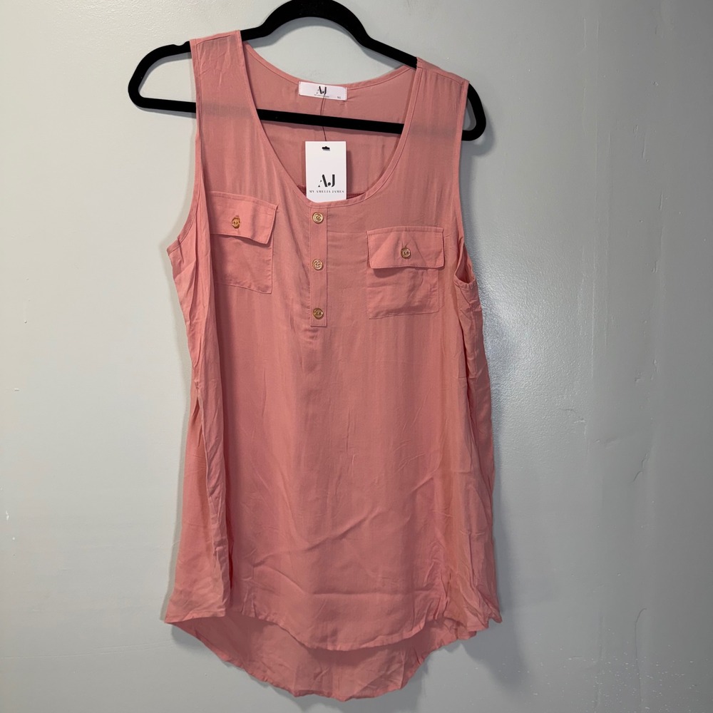 My Amelia James Womens XL Pink Sleeveless Henley Tank Top Lightweight Blouse New